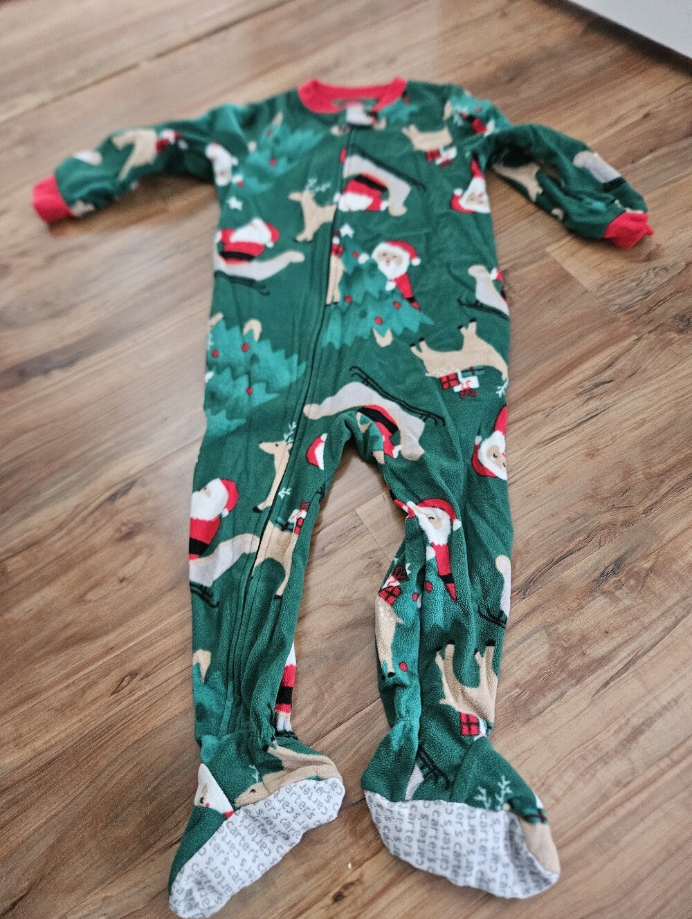 Kids Carters 2t Holiday Green Santa Print One-Piece Footed Pajamas